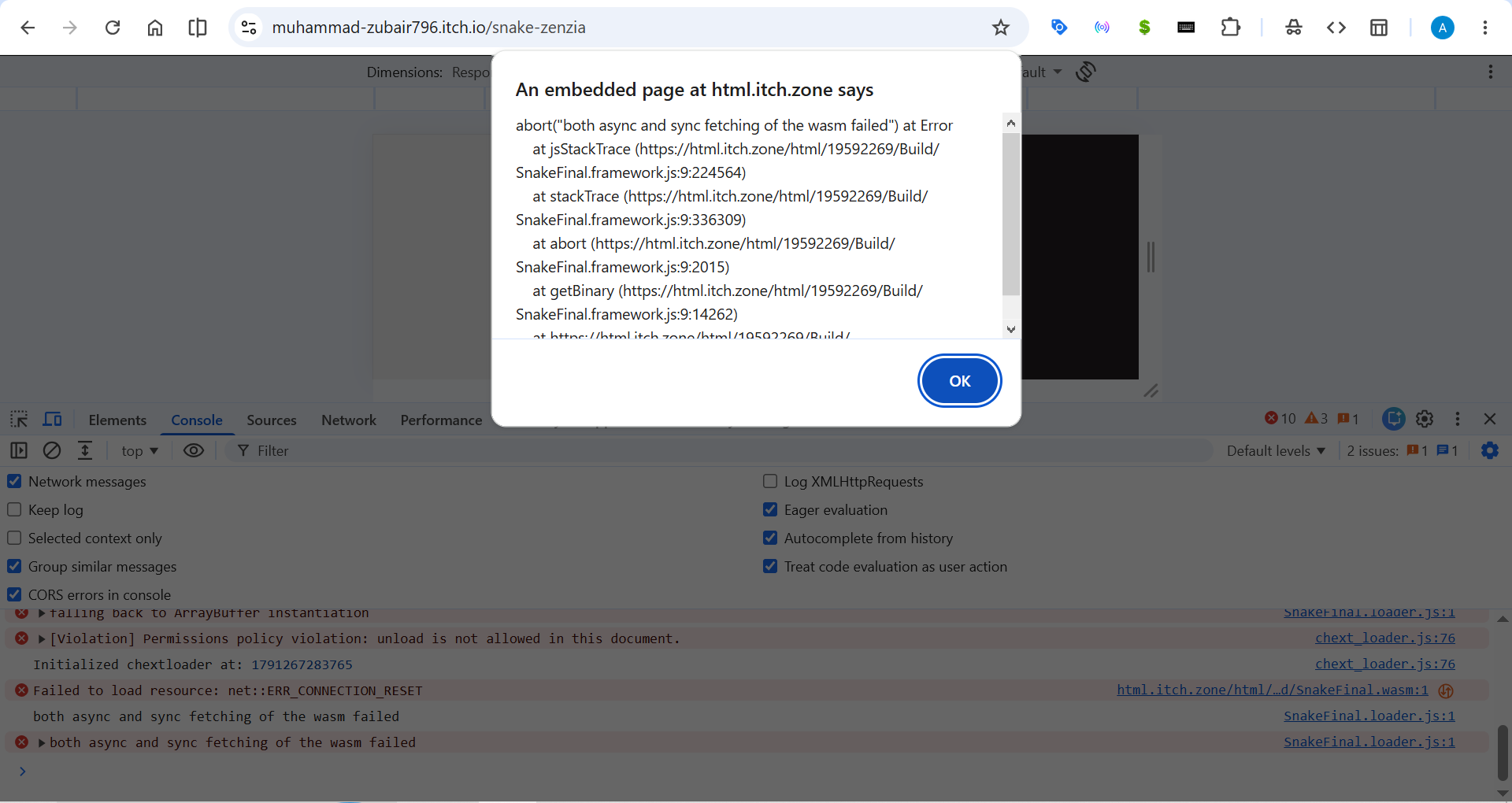 Unity WebGL both async and sync fetching of the wasm failed error popup on Itch.io