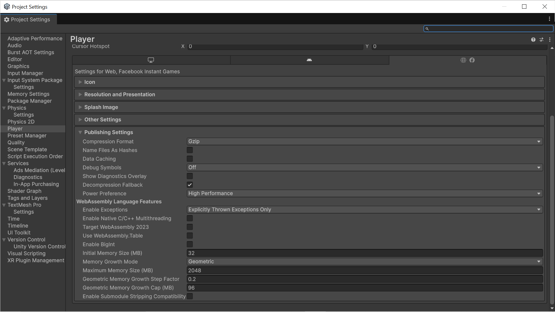Unity WebGL Publishing Settings: Gzip compression and Decompression Fallback enabled